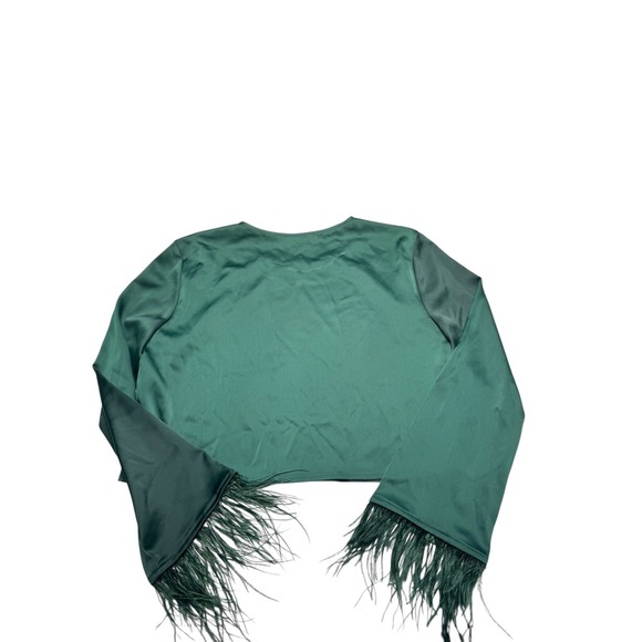 WAYF Merci Feather Trimmed Long Sleeve Cropped Top Women's Small Green Feather - Picture 7 of 8